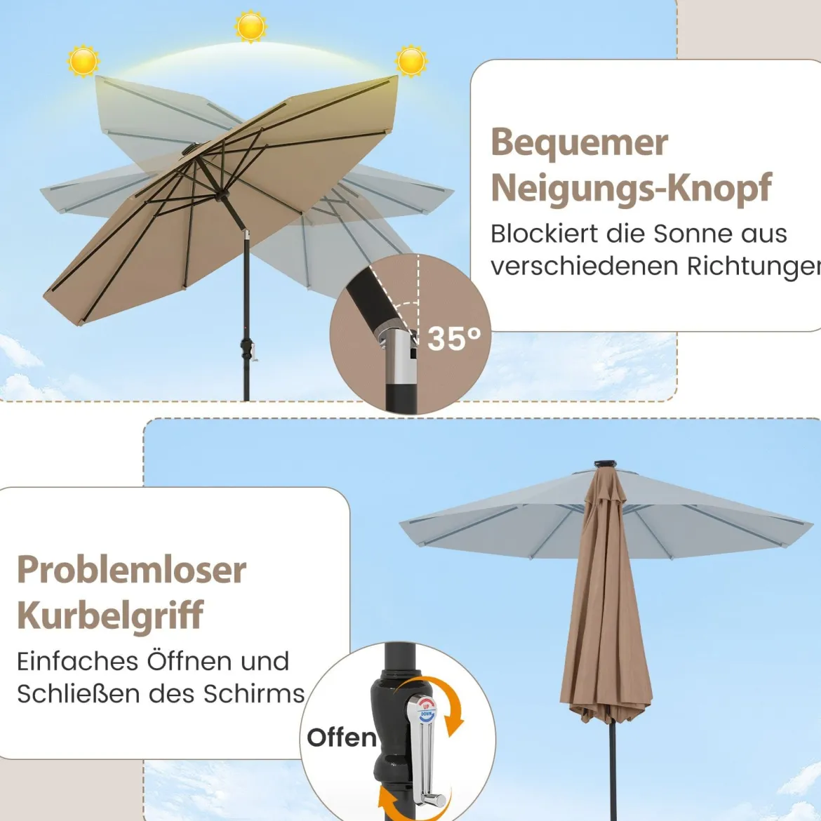 Sonnenschirm 300 cm mit LED-Solar-Beleuchtung 9 Beleuchtungsmodi Gartenschirm mit Kurbel Kaffee