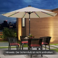 Sonnenschirm 300 cm mit LED-Solar-Beleuchtung 9 Beleuchtungsmodi Gartenschirm mit Kurbel Beige