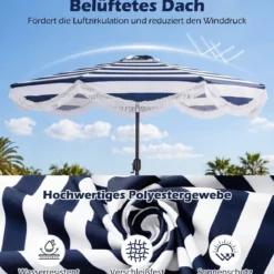 Sonnenschirm Ø 278 cm Strandschirm Neigbar mit Kurbel Balkonschirm mit Fransen Gartenschirm