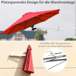 Sonnenschirm für die Wand Wandschirm kippbar Balkonschirm mit verstellbarer Aluminiumstange Ø 250 cm Rot