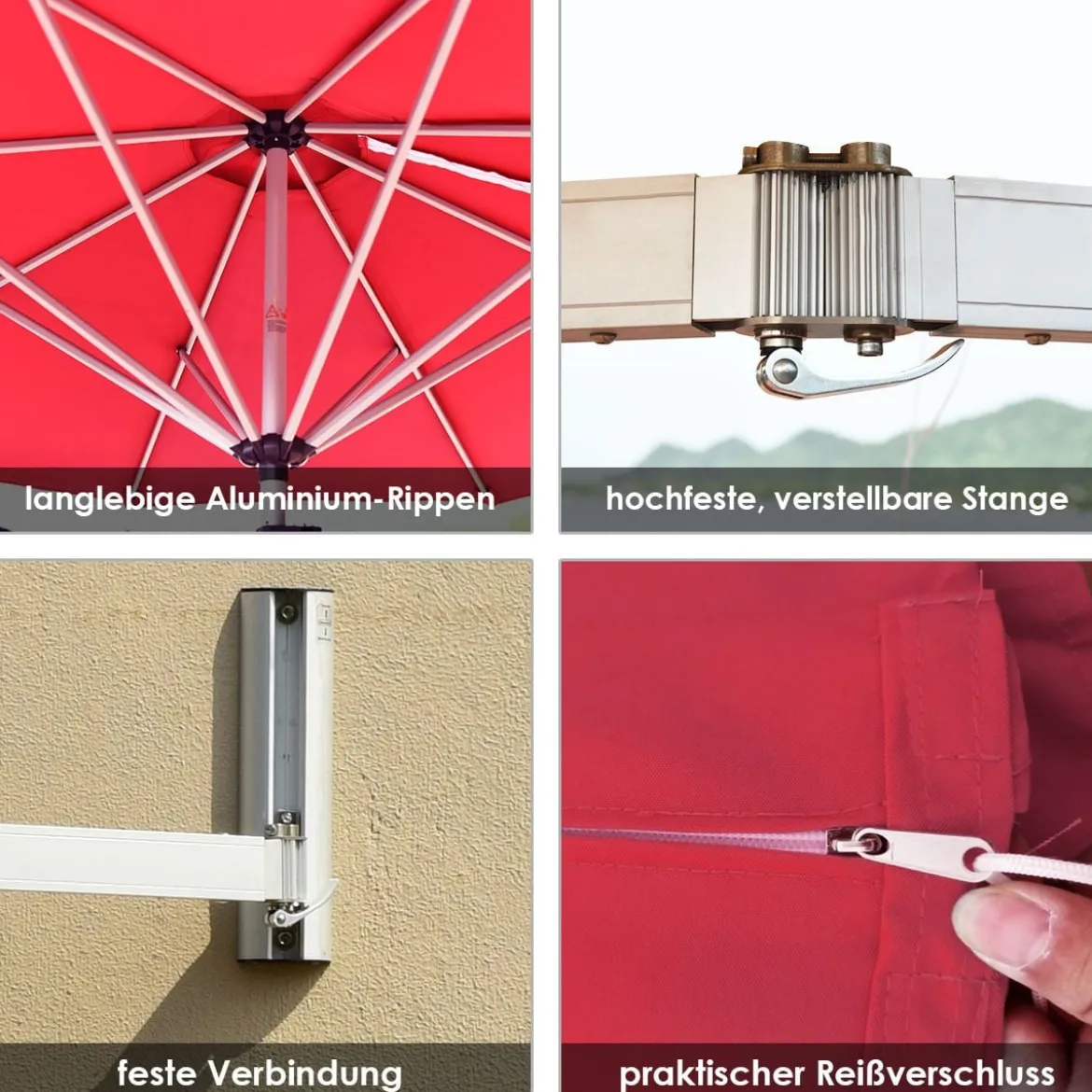 Sonnenschirm für die Wand Wandschirm kippbar Balkonschirm mit verstellbarer Aluminiumstange Ø 250 cm Rot