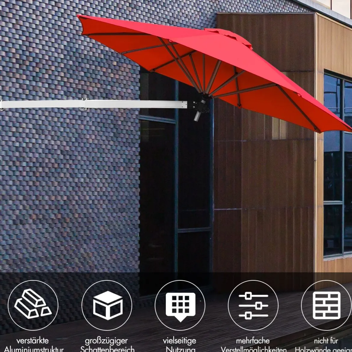 Sonnenschirm für die Wand Wandschirm kippbar Balkonschirm mit verstellbarer Aluminiumstange Ø 250 cm Rot