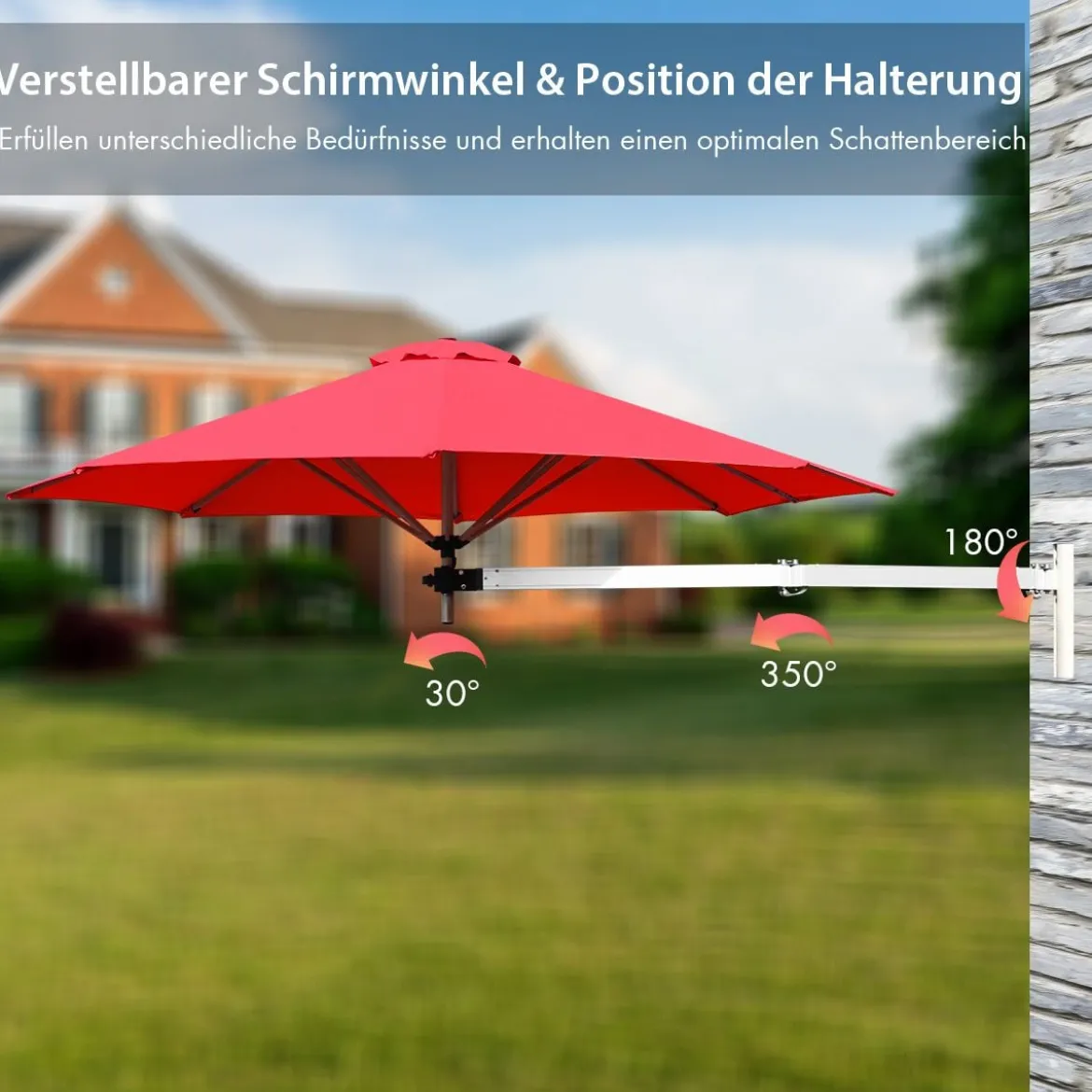 Sonnenschirm für die Wand Wandschirm kippbar Balkonschirm mit verstellbarer Aluminiumstange Ø 250 cm Rot