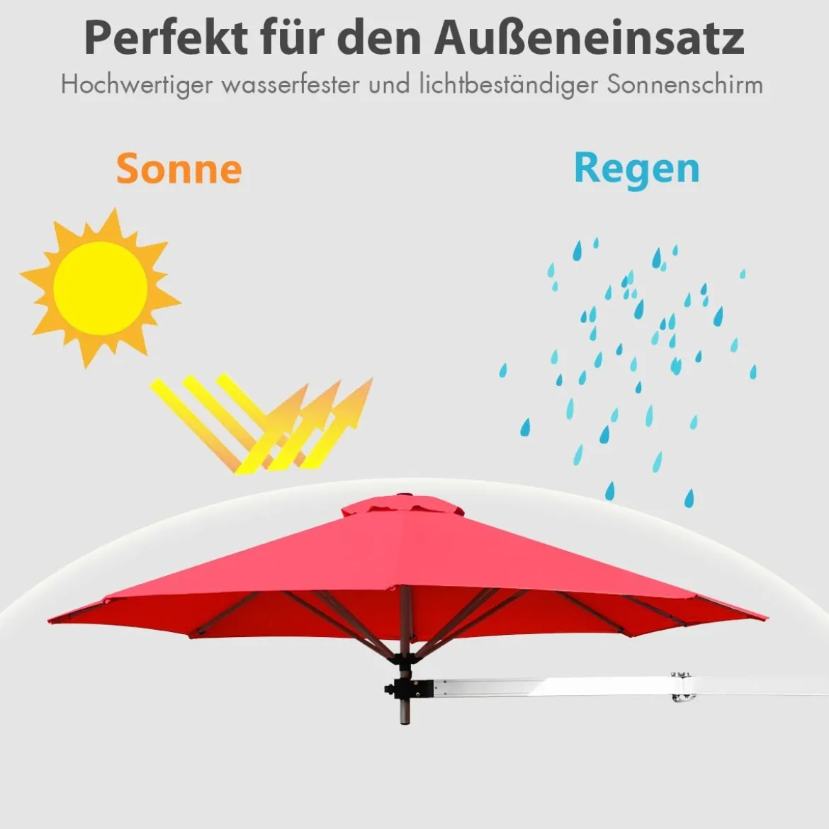 Sonnenschirm für die Wand Wandschirm kippbar Balkonschirm mit verstellbarer Aluminiumstange Ø 250 cm Rot