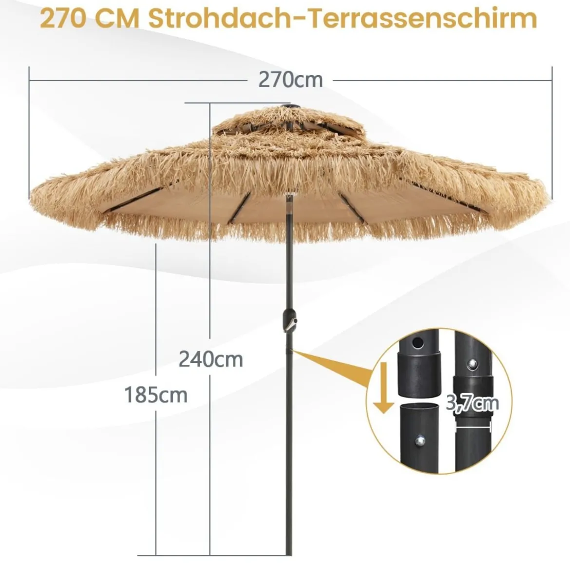 Sonnenschirm Hawaii 270 cm Strohschirm mit LED-Solar-Beleuchtung und Doppeldach Natur