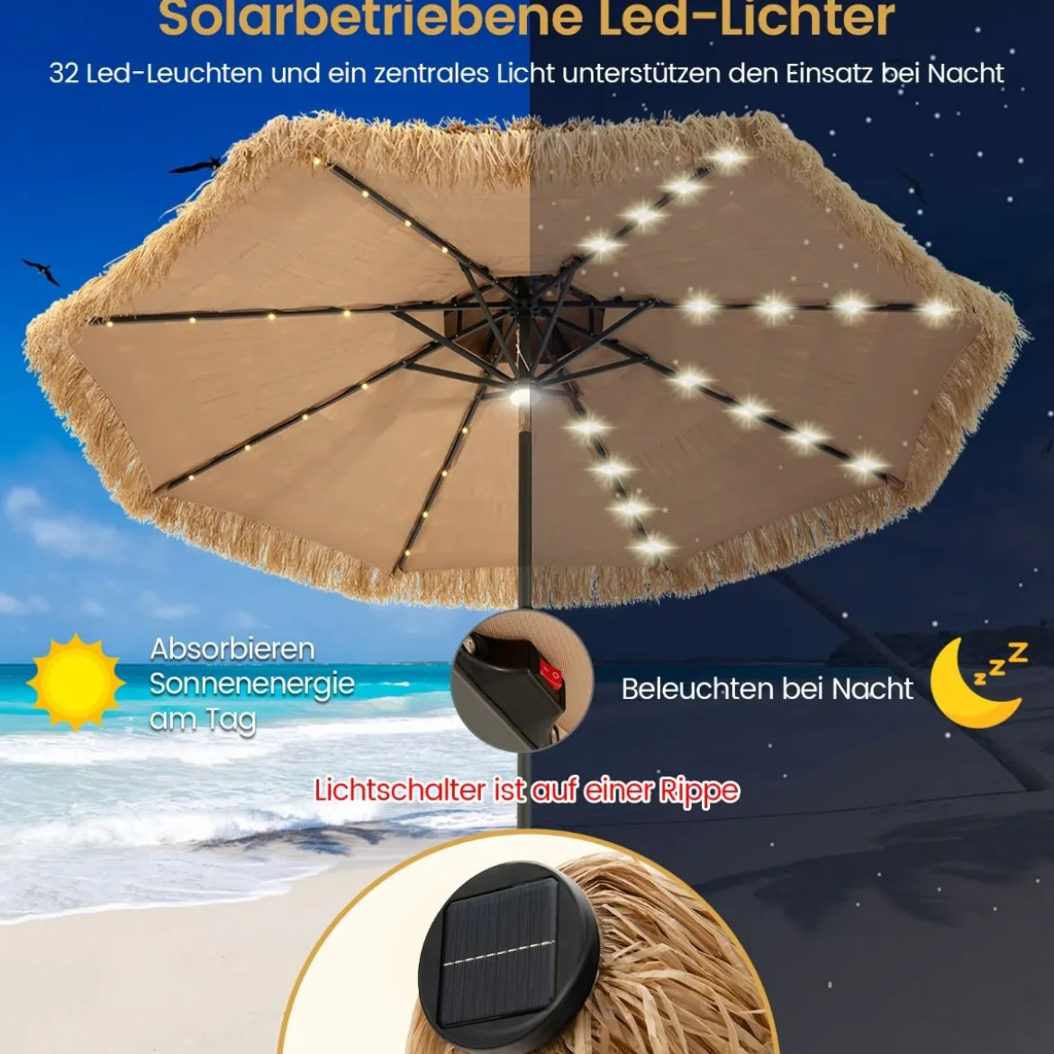 Sonnenschirm Hawaii 270 cm Strohschirm mit LED-Solar-Beleuchtung und Doppeldach Natur