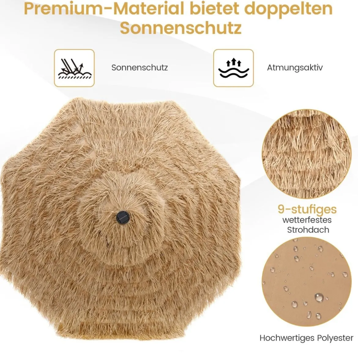 Sonnenschirm Hawaii 270 cm Strohschirm mit LED-Solar-Beleuchtung und Doppeldach Natur