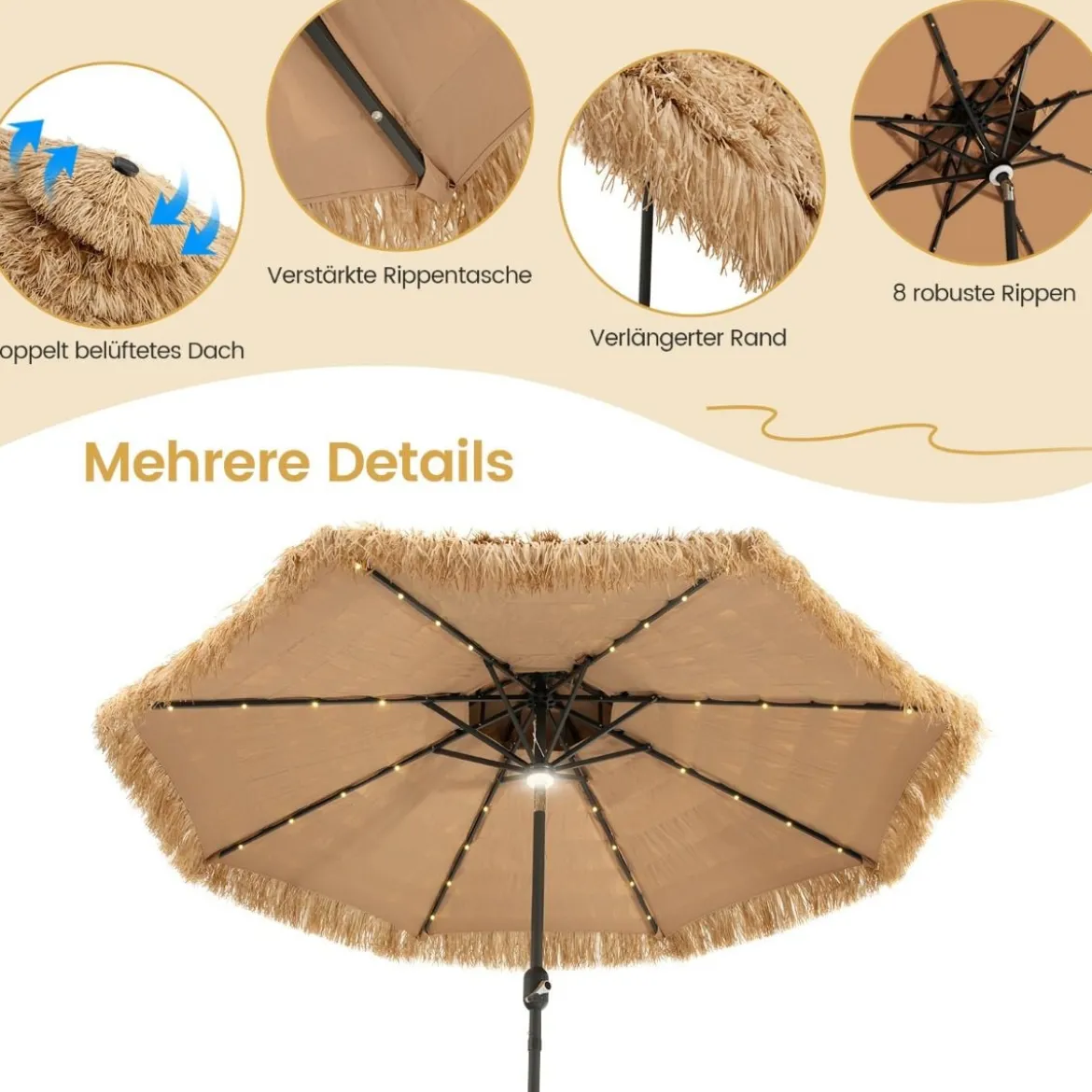Sonnenschirm Hawaii 270 cm Strohschirm mit LED-Solar-Beleuchtung und Doppeldach Natur