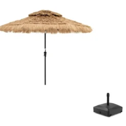 Sonnenschirm Hawaii Gartenschirm Stroh 270 cm + Sonnenschirmständer mit Rollen Befüllbar bis 80kg Set