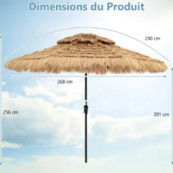 Sonnenschirm Hawaii Gartenschirm Stroh 270 cm Strohschirm mit LED-Solar-Beleuchtung und Doppeldach Natur