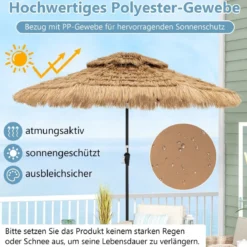 Sonnenschirm Hawaii Gartenschirm Stroh 270 cm Strohschirm mit LED-Solar-Beleuchtung und Doppeldach Natur