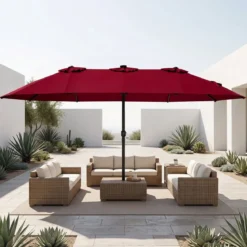 Sonnenschirm 4,5m Doppelseitiger Terrassenschirm mit Ständer & Farbigen Solarleuchten