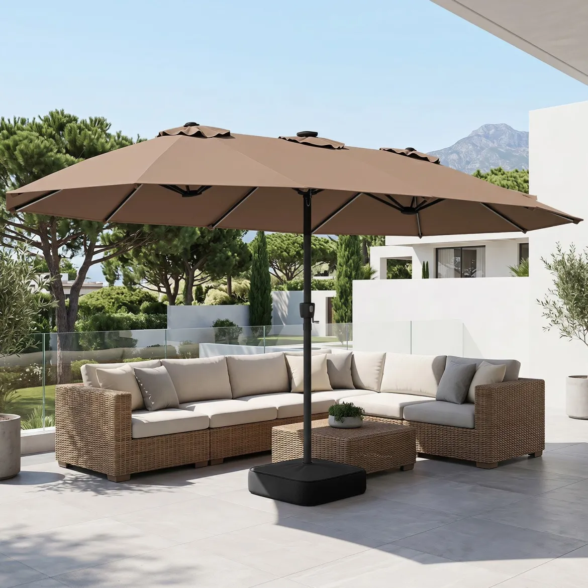 Sonnenschirm 4,5m Doppelseitiger Terrassenschirm mit Ständer & Farbigen Solarleuchten