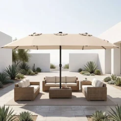 Sonnenschirm 4,5m Doppelseitiger Terrassenschirm mit Ständer & Farbigen Solarleuchten