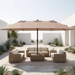 Sonnenschirm 4,5m Doppelseitiger Terrassenschirm mit Ständer & Farbigen Solarleuchten