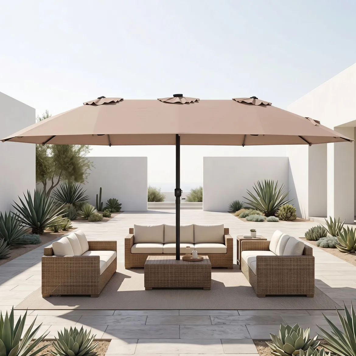 Sonnenschirm 4,5m Doppelseitiger Terrassenschirm mit Ständer & Farbigen Solarleuchten