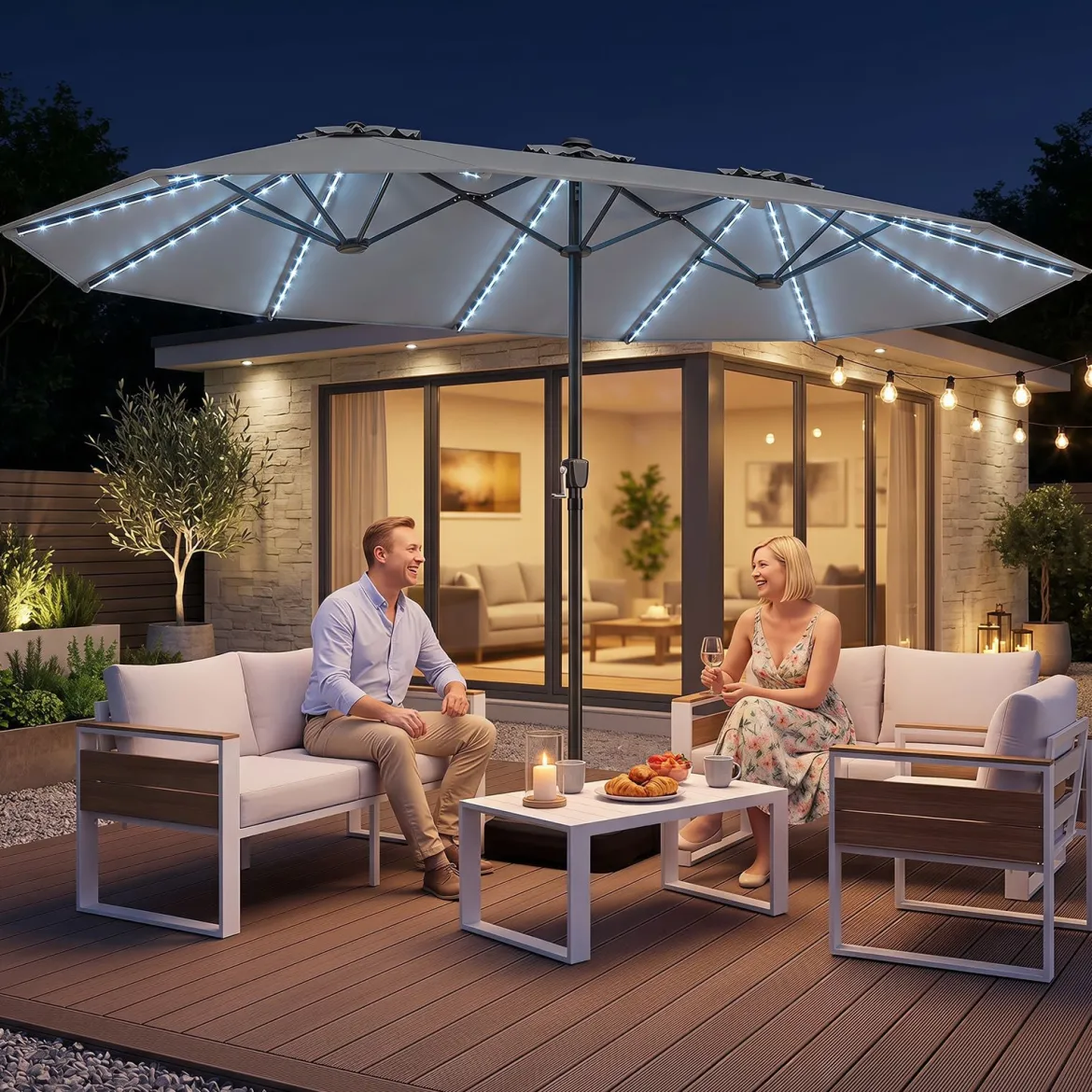 Sonnenschirm 4,5m Doppelseitiger Terrassenschirm mit Ständer & Farbigen Solarleuchten