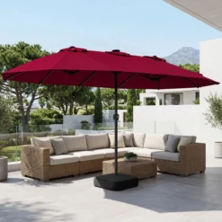 Sonnenschirm 4,5m Doppelseitiger Terrassenschirm mit Ständer & Farbigen Solarleuchten