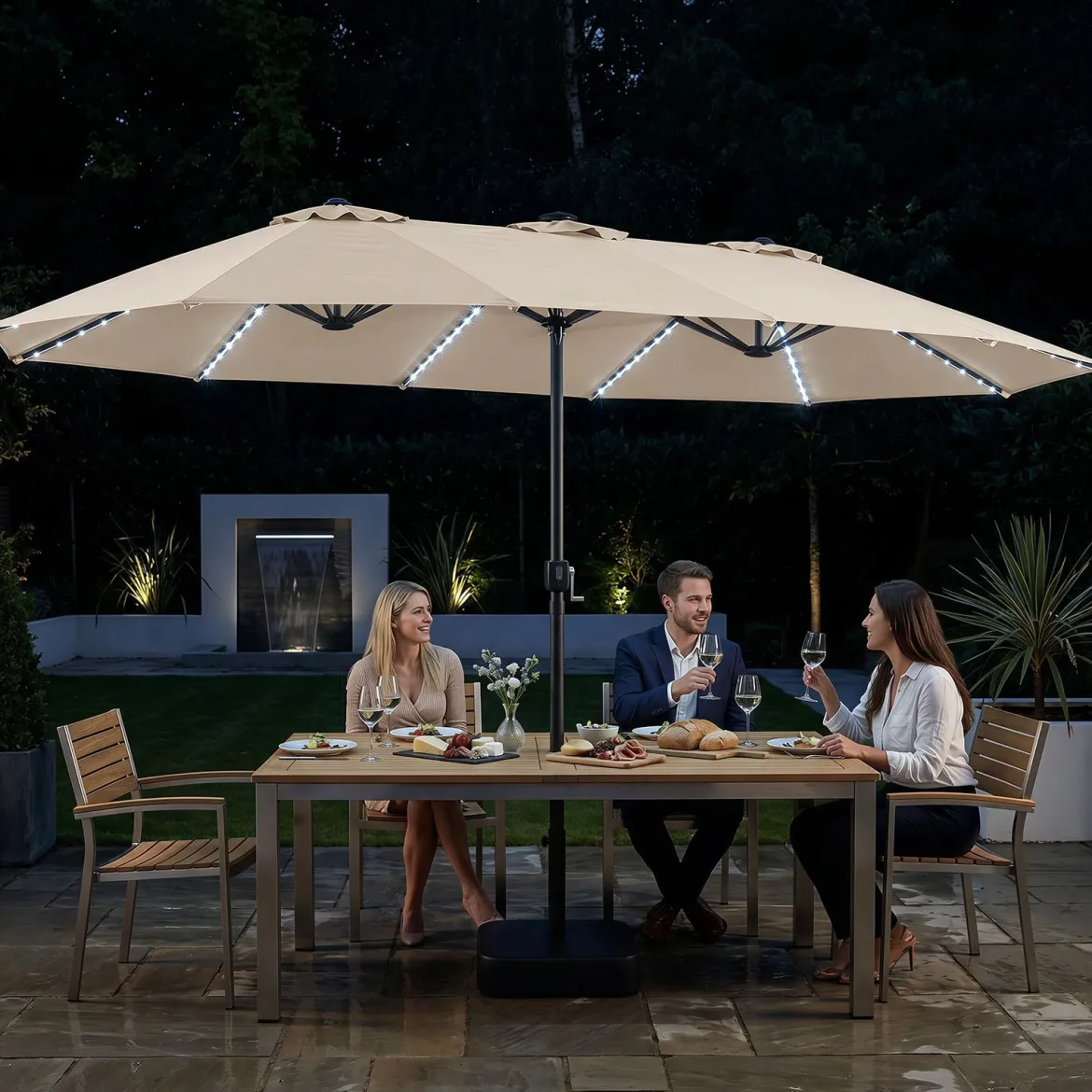 Sonnenschirm 4,5m Doppelseitiger Terrassenschirm mit Ständer & Farbigen Solarleuchten