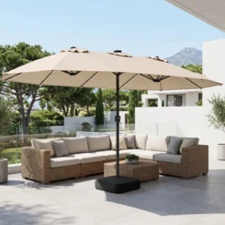 Sonnenschirm 4,5m Doppelseitiger Terrassenschirm mit Ständer & Farbigen Solarleuchten