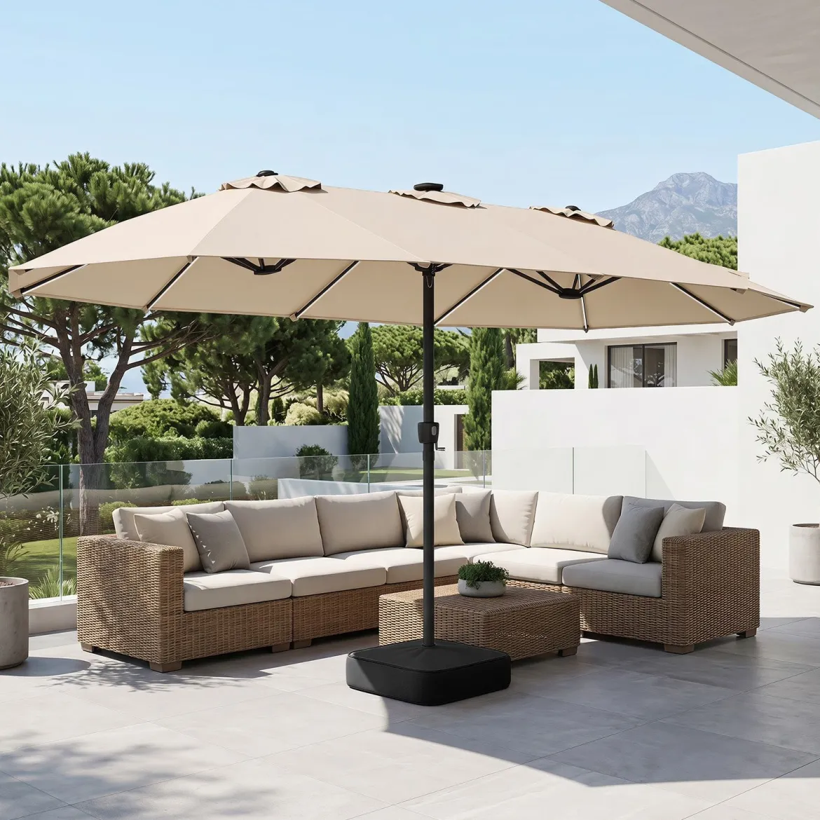 Sonnenschirm 4,5m Doppelseitiger Terrassenschirm mit Ständer & Farbigen Solarleuchten
