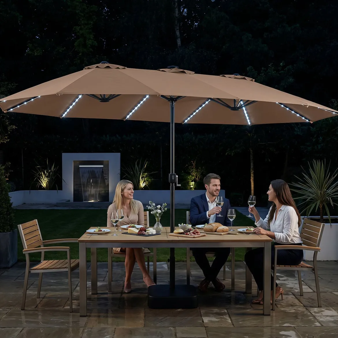 Sonnenschirm 4,5m Doppelseitiger Terrassenschirm mit Ständer & Farbigen Solarleuchten