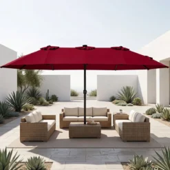 Sonnenschirm 4,5m Doppelseitiger Terrassenschirm mit Farbigen Solarleuchten Kurbelgriff & 12 Lichteffekten