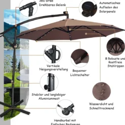 Sonnenschirm mit LED-Solar-Beleuchtung Drehbar Ampelschirm für Garten Ø 300 cm Braun