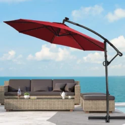 Sonnenschirm mit LED-Solar-Beleuchtung Drehbar Ampelschirm für Garten Ø 300 cm Rot