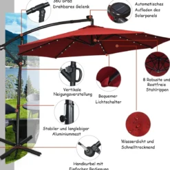 Sonnenschirm mit LED-Solar-Beleuchtung Drehbar Ampelschirm für Garten Ø 300 cm Rot