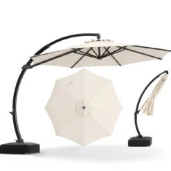 Sonnenschirm mit Schirmständer Freitragender Ampelschirm mit Kurbel & 360° Drehbarer Basis Beige