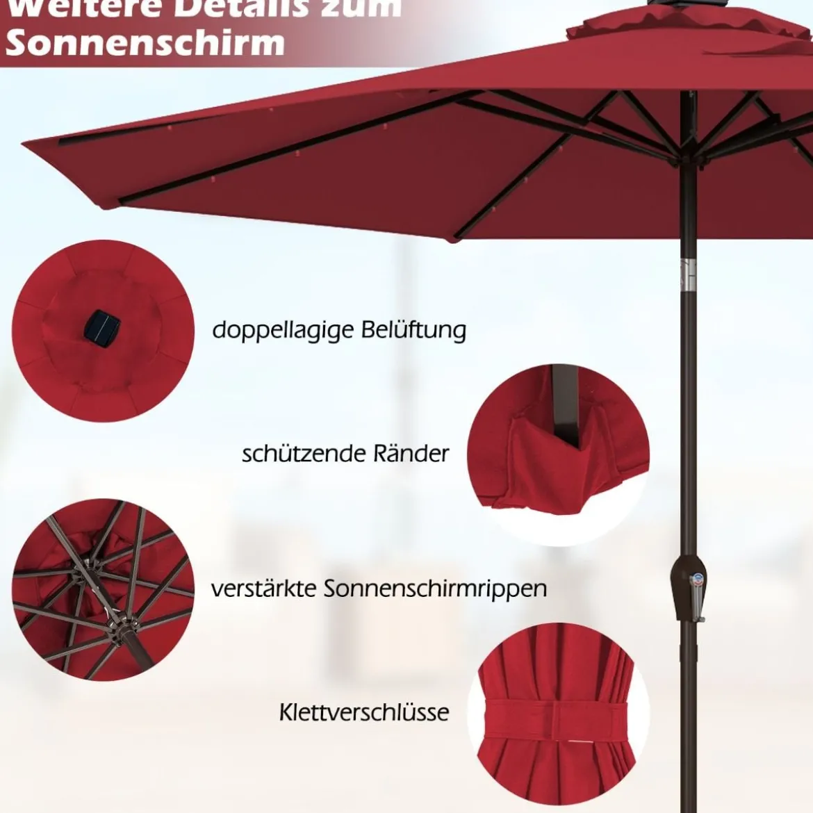 Sonnenschirm mit Solar- LED-Beleuchtung Ampelschirm Gartenschirm 3m