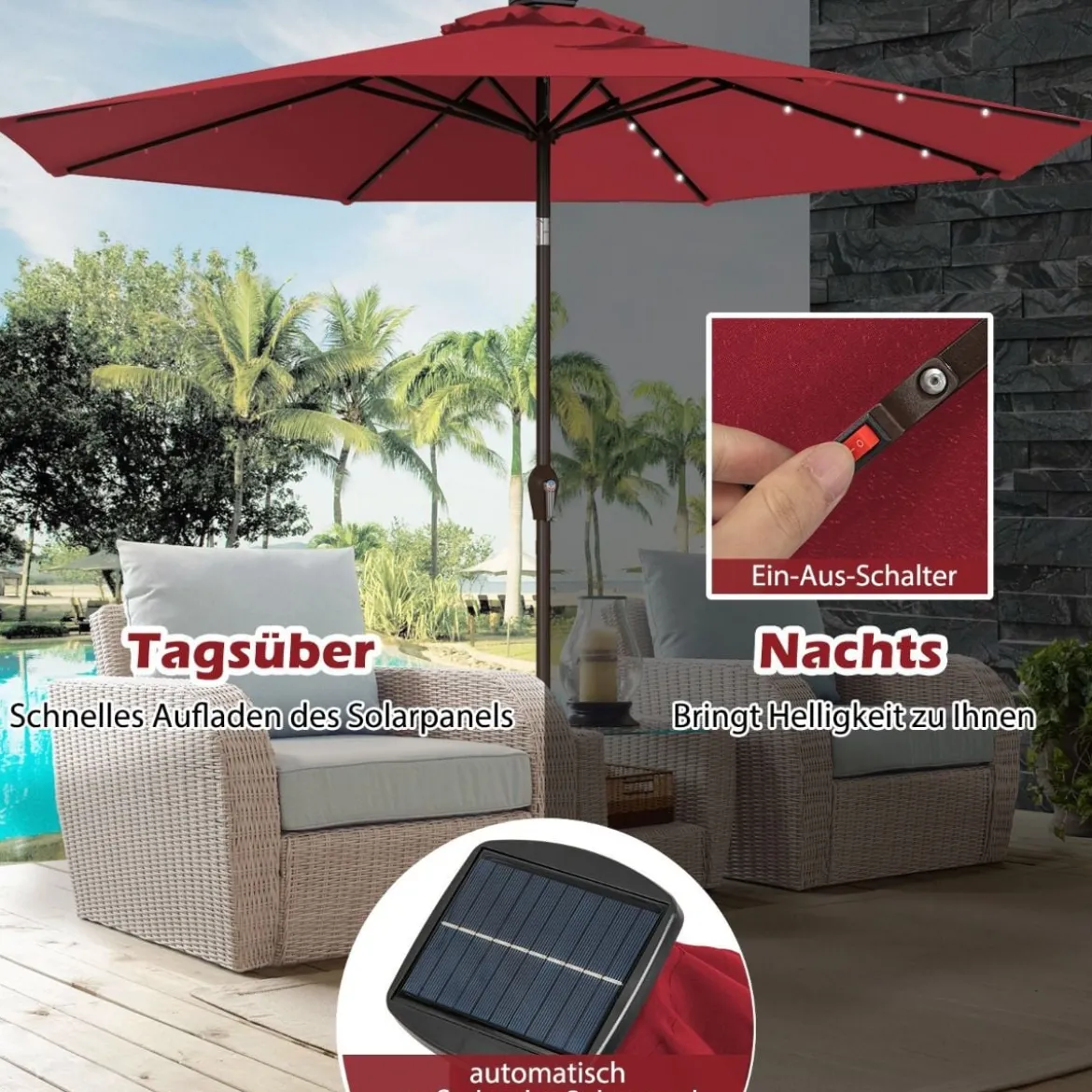 Sonnenschirm mit Solar- LED-Beleuchtung Ampelschirm Gartenschirm 3m