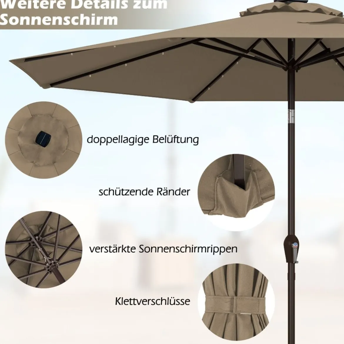 Sonnenschirm mit Solar- LED-Beleuchtung Ampelschirm Gartenschirm 3m