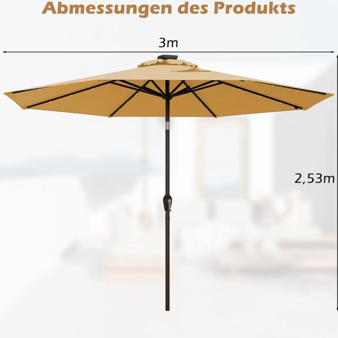 Sonnenschirm mit Solar- LED-Beleuchtung Ampelschirm Gartenschirm 3m