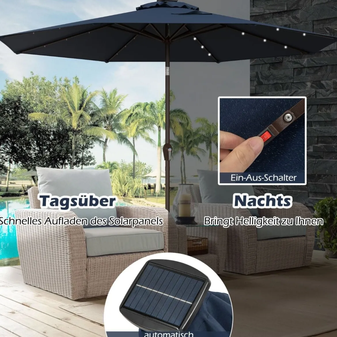 Sonnenschirm mit Solar- LED-Beleuchtung Ampelschirm Gartenschirm 3m