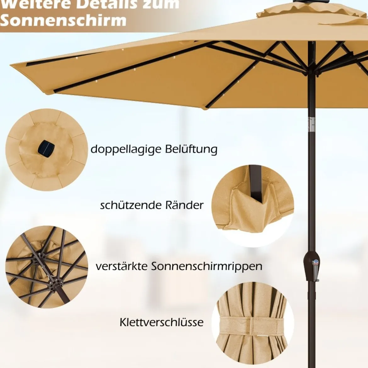 Sonnenschirm mit Solar- LED-Beleuchtung Ampelschirm Gartenschirm 3m