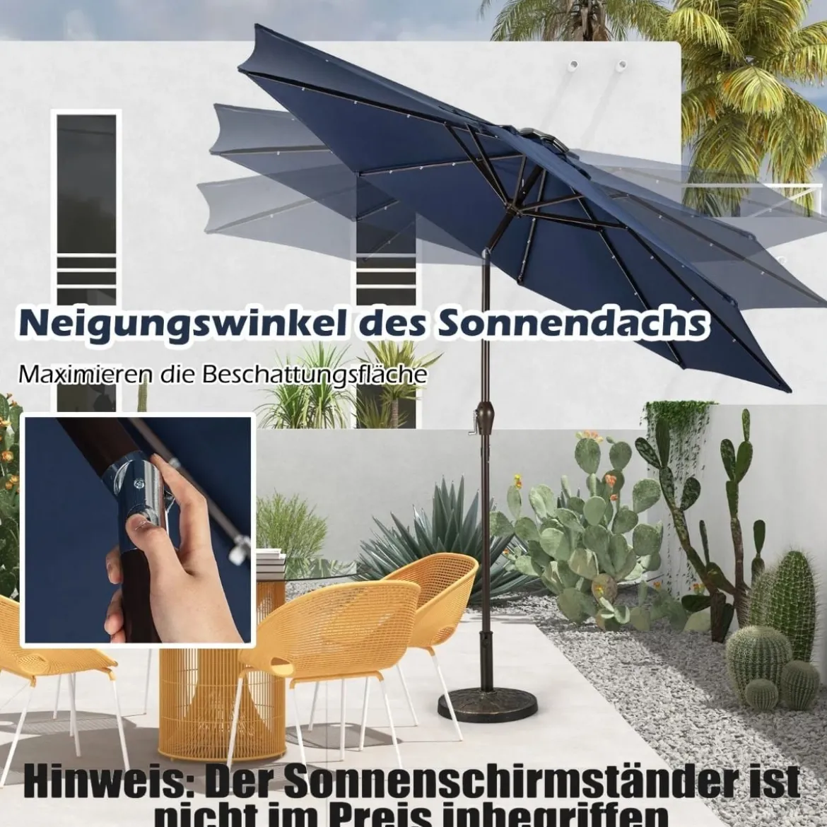 Sonnenschirm mit Solar- LED-Beleuchtung Ampelschirm Gartenschirm 3m