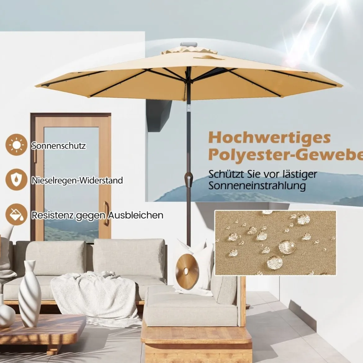 Sonnenschirm mit Solar- LED-Beleuchtung Ampelschirm Gartenschirm 3m