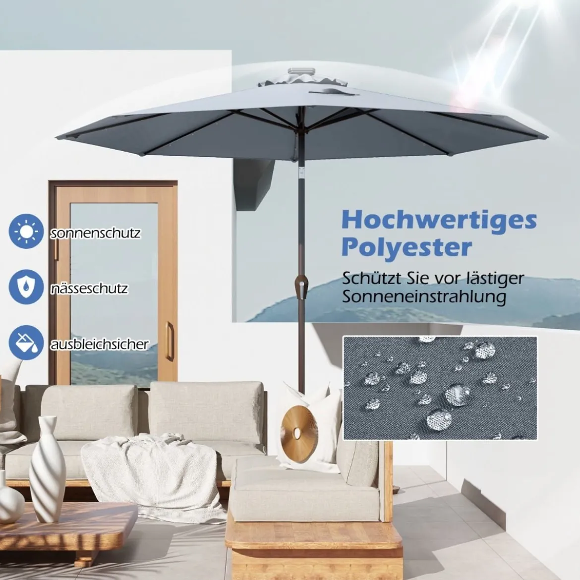 Sonnenschirm mit Solar- LED-Beleuchtung Ampelschirm Gartenschirm 3m