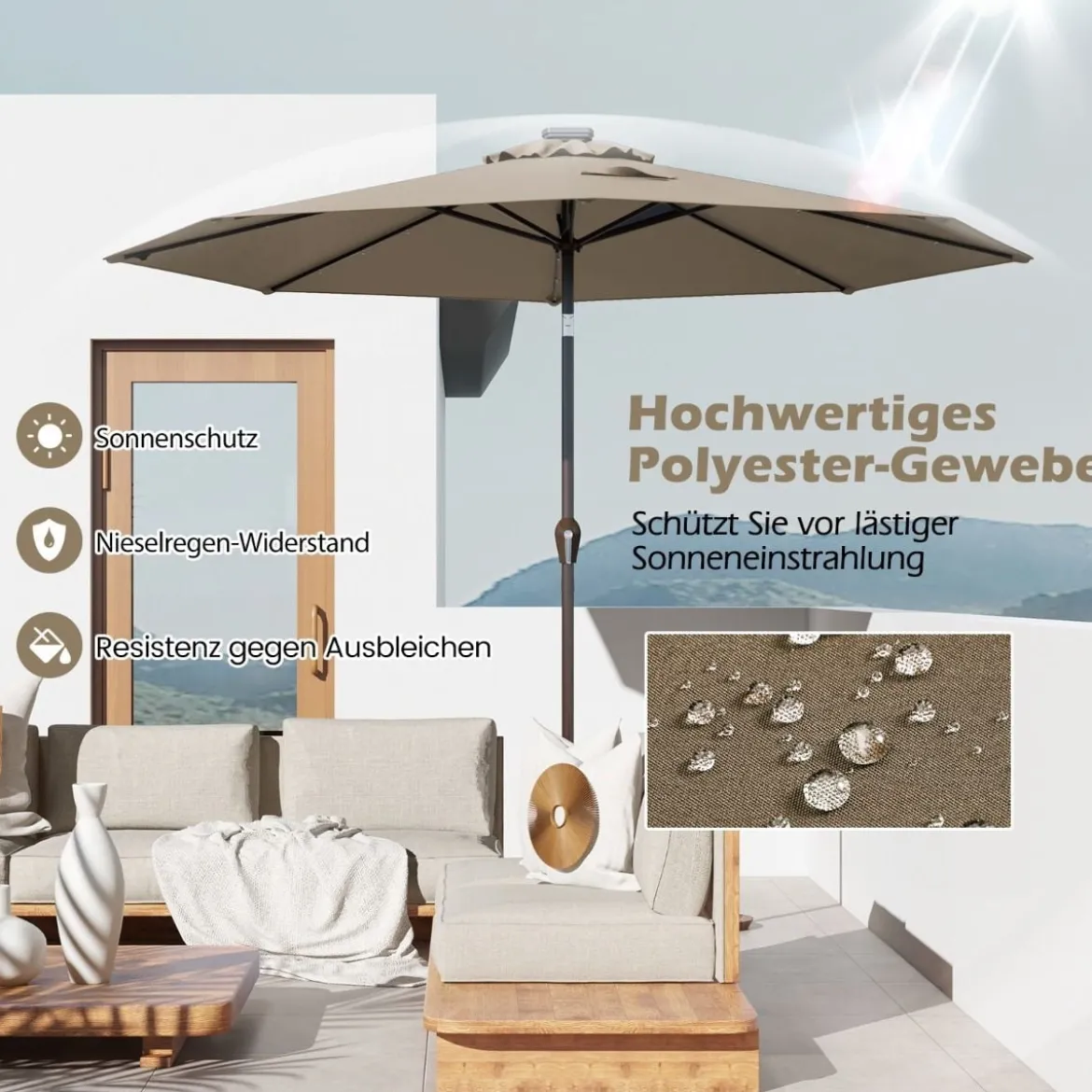 Sonnenschirm mit Solar- LED-Beleuchtung Ampelschirm Gartenschirm 3m