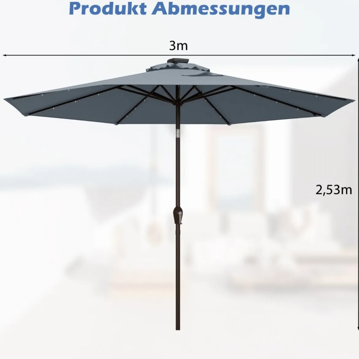Sonnenschirm mit Solar- LED-Beleuchtung Ampelschirm Gartenschirm 3m