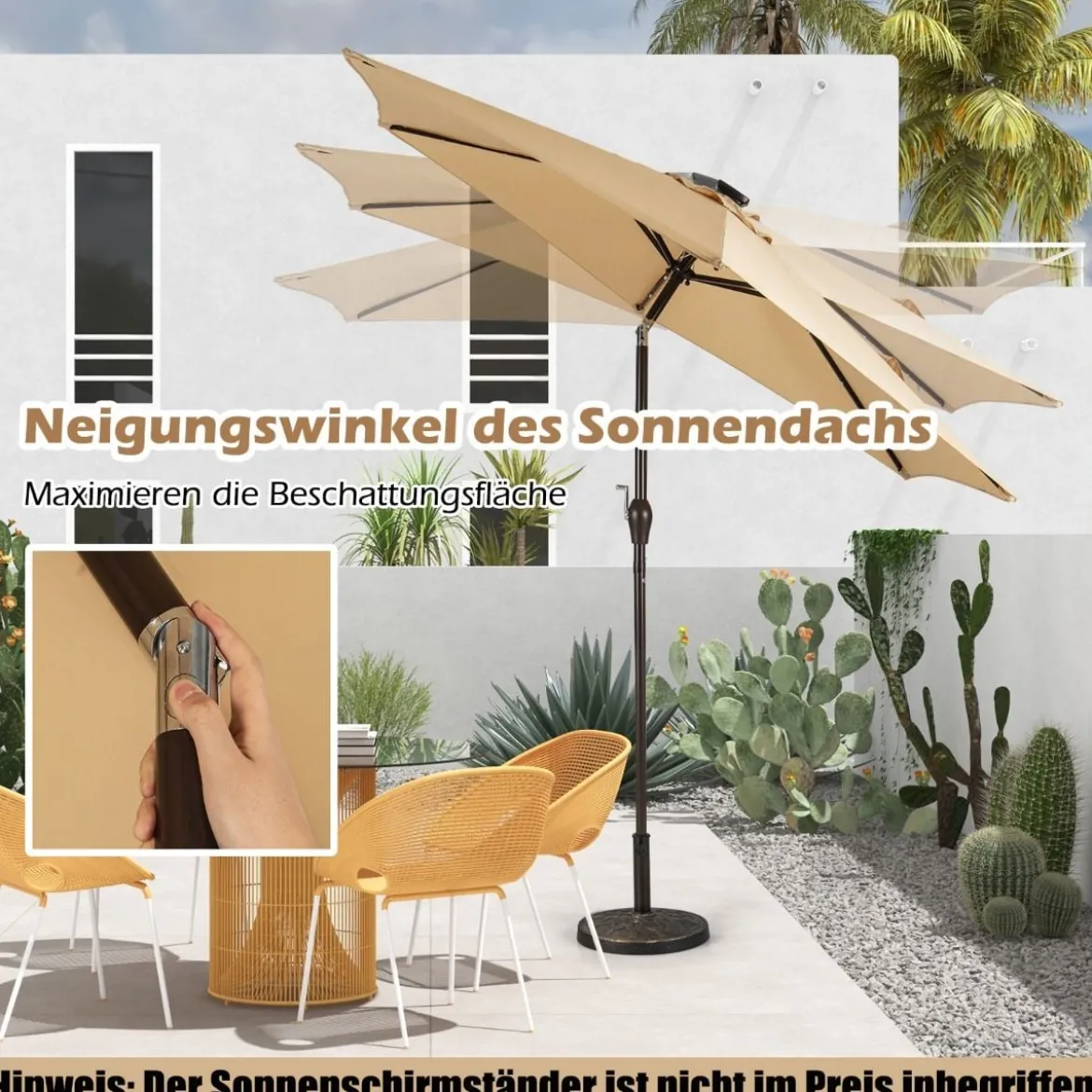 Sonnenschirm mit Solar- LED-Beleuchtung Ampelschirm Gartenschirm Kurbelschirm 2,7M