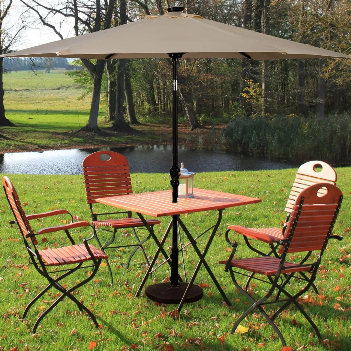 Sonnenschirm mit Solar- LED-Beleuchtung Ampelschirm Gartenschirm Kurbelschirm 2,7M