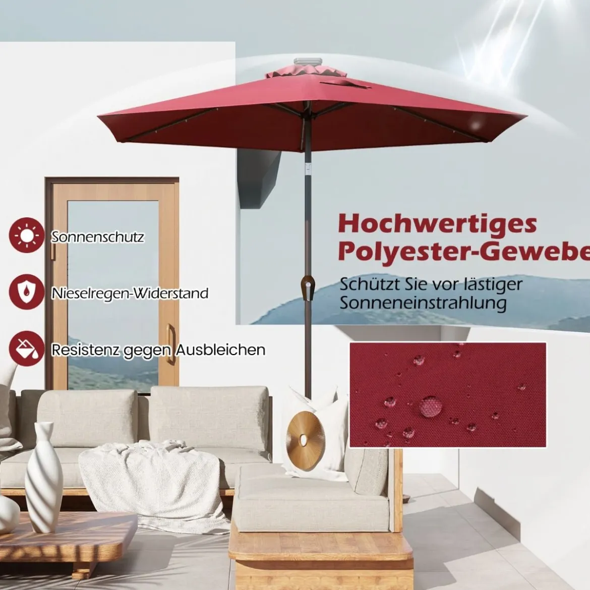 Sonnenschirm mit Solar- LED-Beleuchtung Ampelschirm Gartenschirm Kurbelschirm 2,7M