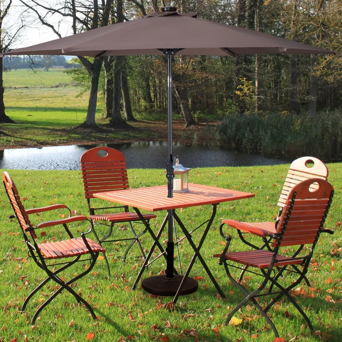 Sonnenschirm mit Solar- LED-Beleuchtung Ampelschirm Gartenschirm Kurbelschirm 2,7M