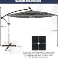 Sonnenschirm mit 40 Solar-LED-Leuchten & Kurbel Ampelschirm Gartenschirm Marktschirm