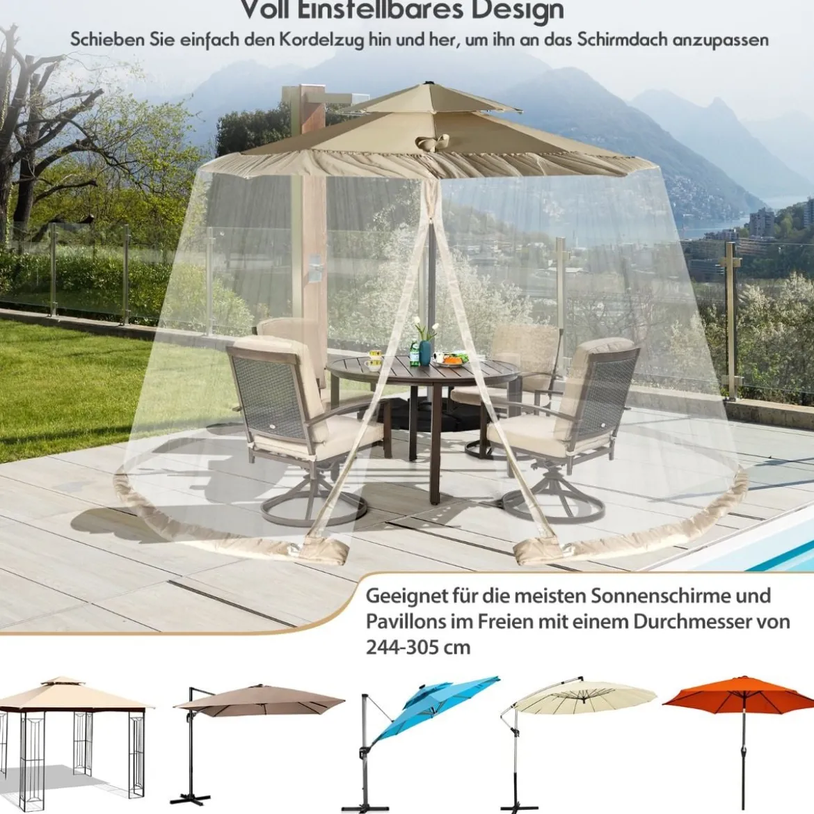Sonnenschirm-Moskitonetz Terrassenschirm-Netz mit 2 Türen mit Doppelreißverschluss