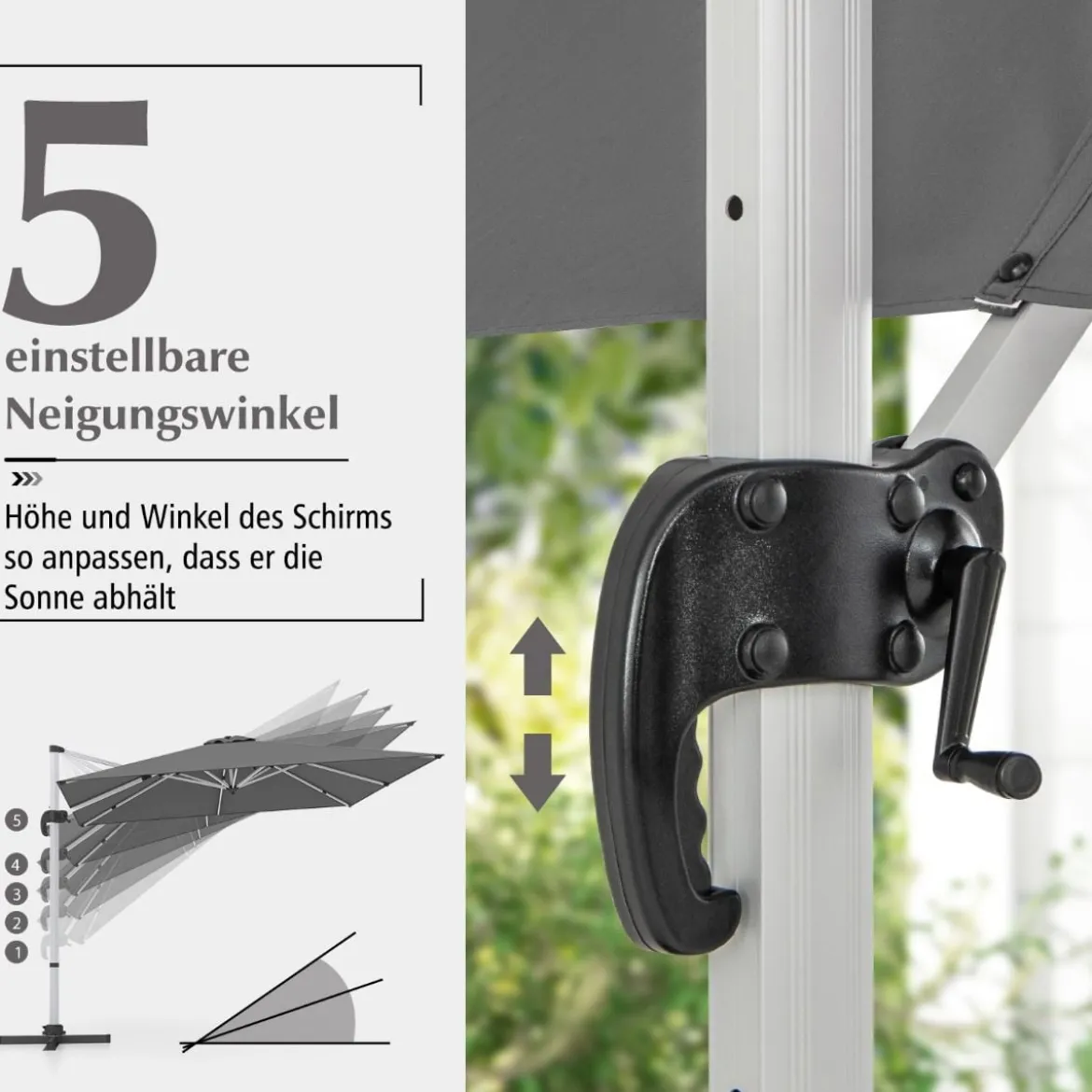 Sonnenschirm rechteckig 300 x 300 cm großer Ampelschirm mit Kurbel Grau