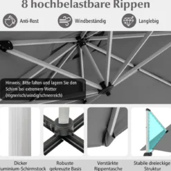Sonnenschirm rechteckig 300 x 300 cm großer Ampelschirm mit Kurbel Grau
